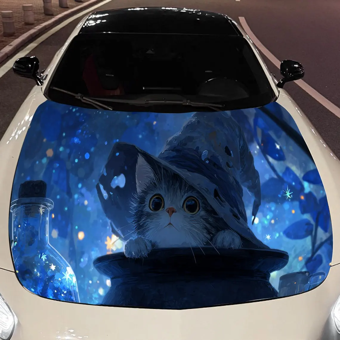 

Unique Halloween Wizard Cat Car Engine Hood Sticker, Auto Vinyl Wraps, Waterproof Self-adhesive Vehicle Decal, Durable & Anti-sc