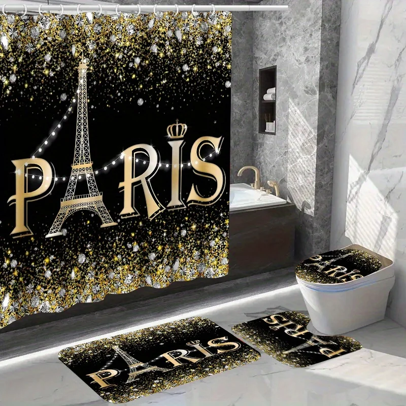 4PCs home decor waterproof shower curtain sets with 12 hooks toilet seat cover bathroom mat non-slip rug carpet polyester fa