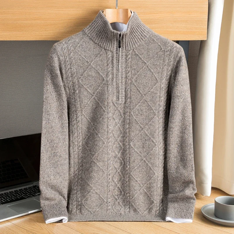 New Arrival Fashion Autumn Winter 100% Cashmere Men's Half High Zipper Thickened Knitwear High End Sweater Plus Size S-4XL 5XL