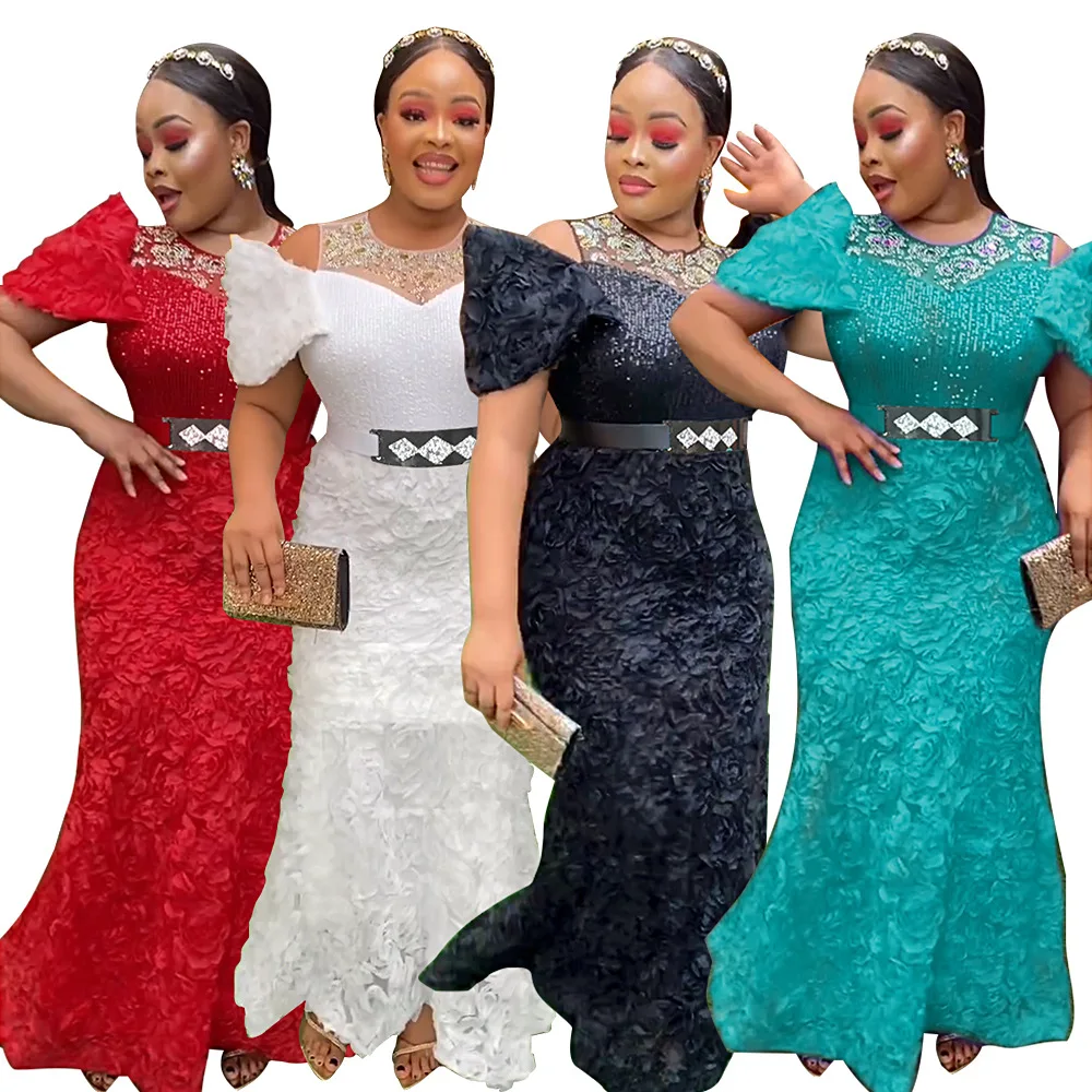 

Women African Dresses Short Sleeve Mesh Party Dress Gorgeous Solid Belt Beads Wrap Buttocks Vestidos Floor Length Slim Fit