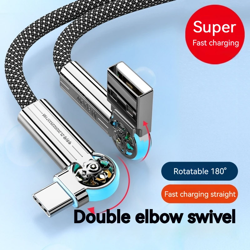 Elbow Usb C Type-C Rotatable Fast Charging Cable Usb C Braided Strip Light Cable for Samsung Huawei Xiaomi Oneplus Oppo