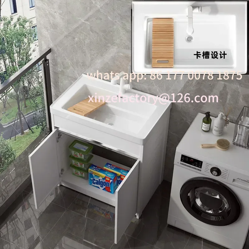 Space Aluminum Laundry Cabinet with Rubbing Board Balcony Floor-to-ceiling Integrated Basin Ceramic Laundry Pool