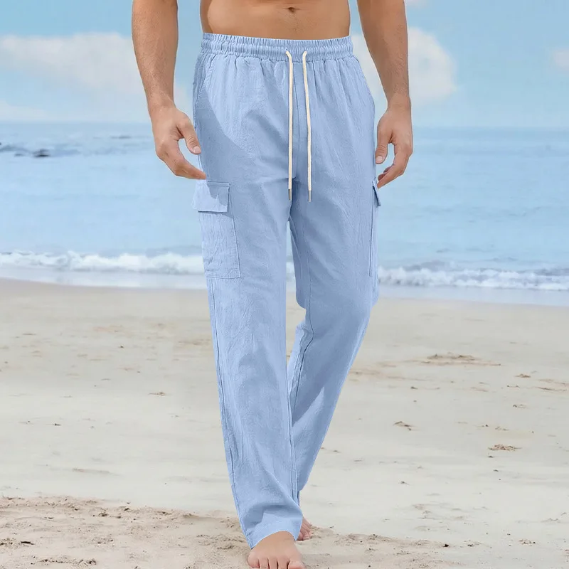 

2026 Spring and Autumn Tooling Multi-pocket Straight Linen Men's Casual Tooling Large Size Loose Pants Men's