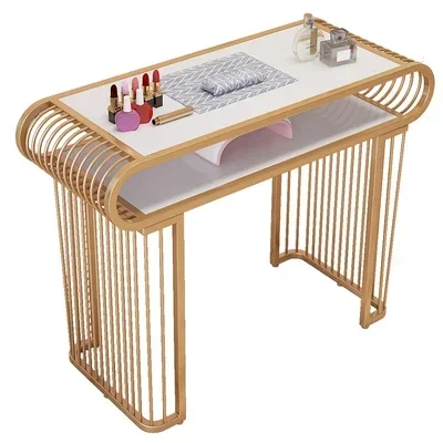 

Light luxury metal leg tempered glass nail table Fashion Marble Nail Table and Chair Set