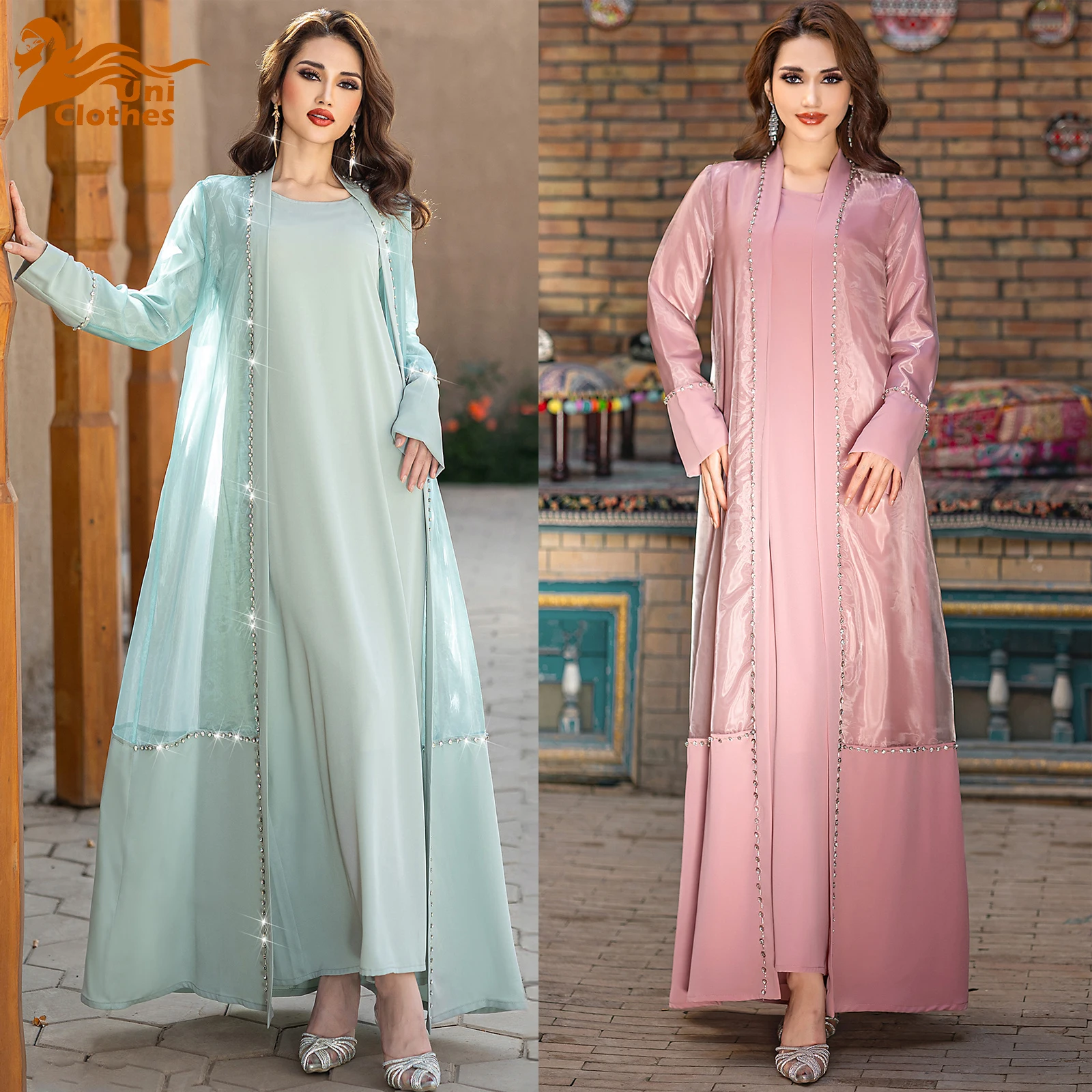 

UNI Dress Women Abaya 2 Piece Set Eid Muslim Morocco Kaftan Vestidos Largos Ramadan Party Caftan Robe Jalabiya Diamond Cardigan