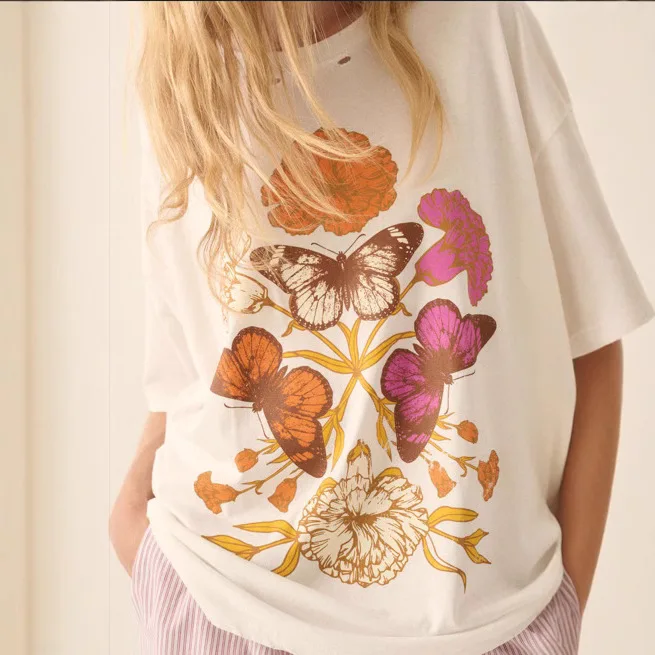 T-shirt ample et décontracté imprimé pour femmes, version Cleanfit H 2025, hiver d'âge moyen, 00% lin, autres matériaux 00%