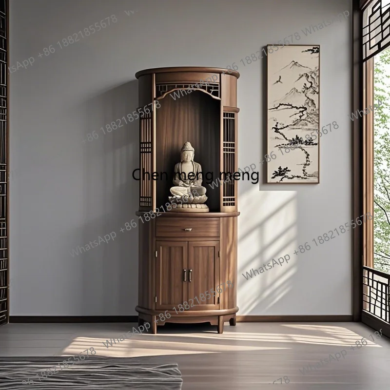 

walnut wood buddhist shrine cabinet - home altar table for worshiping the god of wealth, guanyin, and guan gong