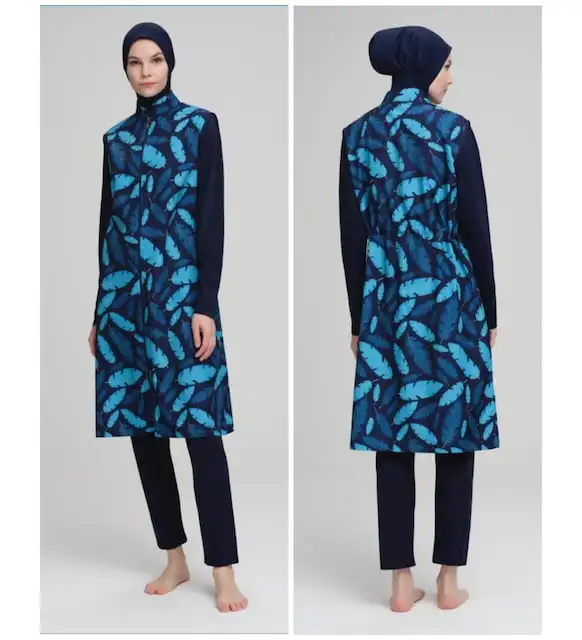 Nehar 2224 turquoise leaf pattern razor navy blue full hijab swimsuit