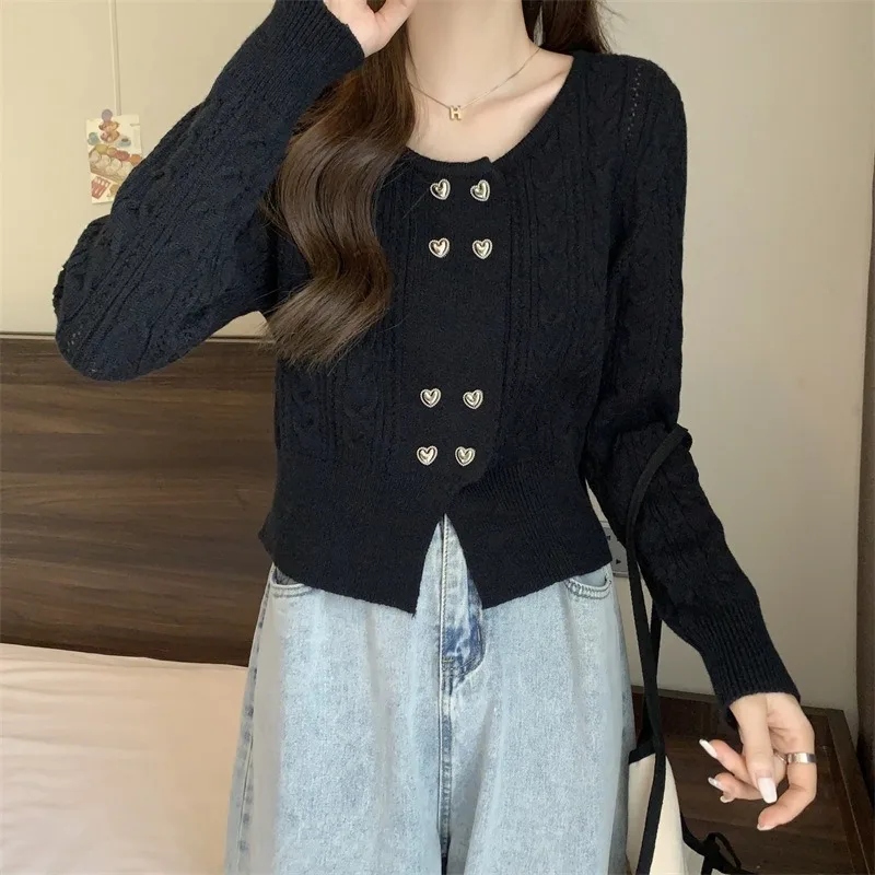 Autumn Retro V-neck Double-breasted Love Solid Color Twist Sweater Slim Short Knit Cardigan Blouse Woman