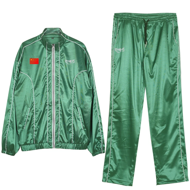 Glossy green reflective green sports suit women men two-piece set Shiny plus size dance stage long sleeve outfits pants