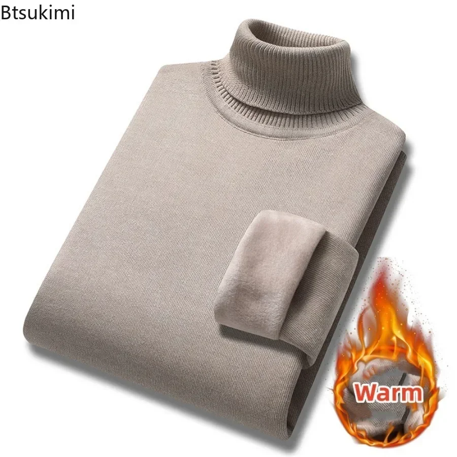 New 2024 Basic Warm Sweater for Men Winter Casual Pullover Warm Turtleneck Sweater Velvet Thick Solid Slim Bottoming Shirt Homme