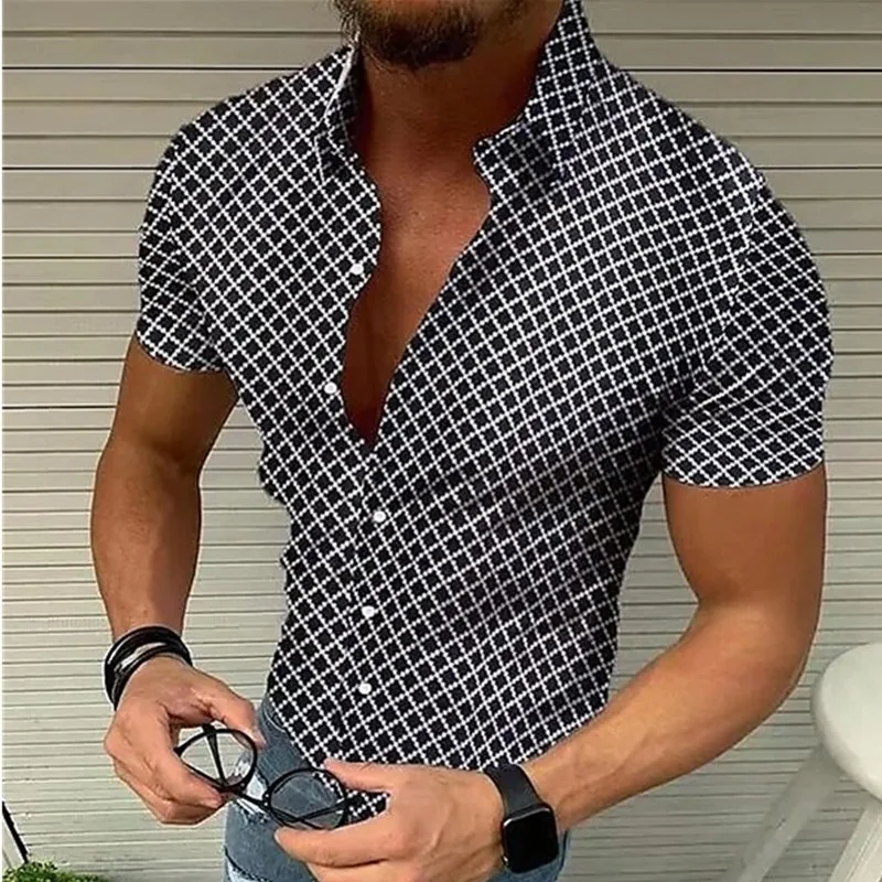 

2023 Summer Men's Checkered Short Sleeve Shirt Casual Large Polo Top Shirts For Men Blouse