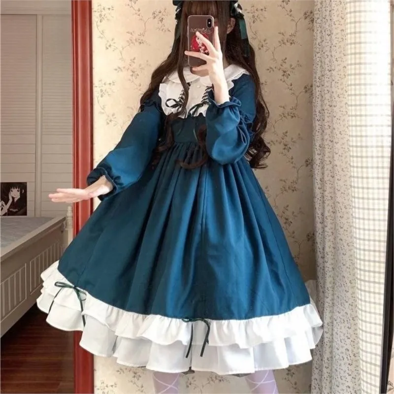 Cute Women\'s Lolita OP Dress Japanese Harajuku Long Sleeves Doll Dress Lolita Skirt Spring Summer Soft Girl Lolita