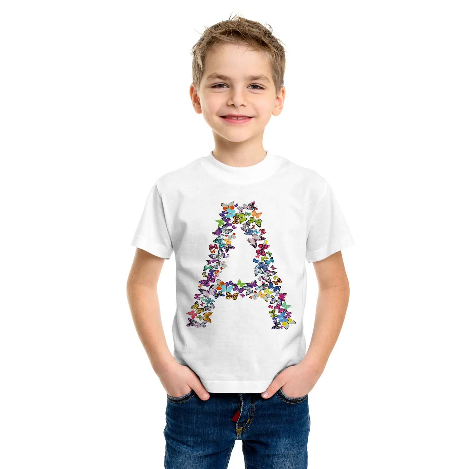 Camiseta con estampado de letras de mariposa para niños, ropa Kawaii para niños, camiseta informal de dibujos animados, Tops de manga corta para niños y niñas