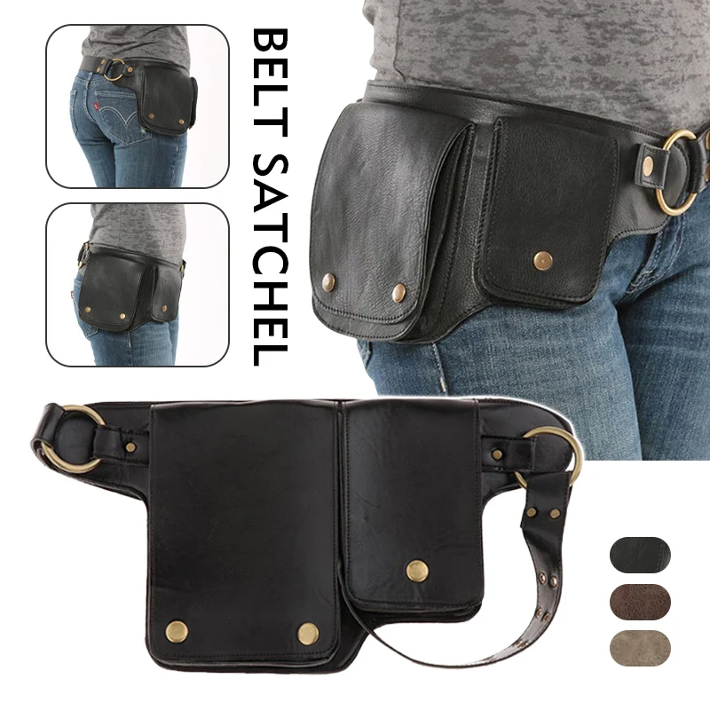 Medieval Punk PU Leather Pocket Unisex Cosplay Viking Strap Belt Satchel Hunting Hip Bag Waist Pack Adjustable Zipper Button Bag