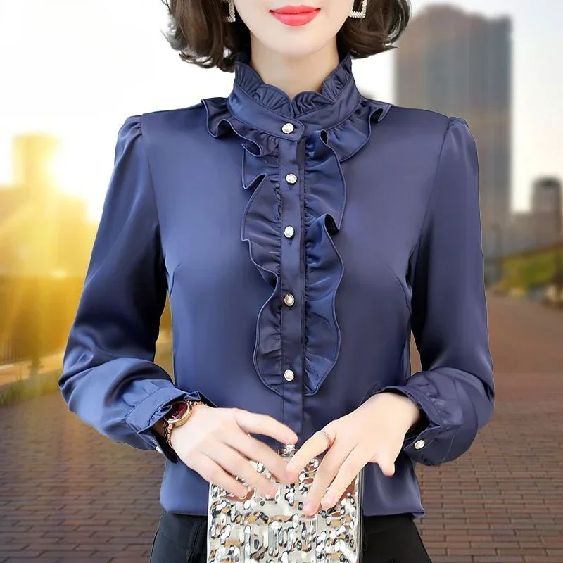 

Velvet Chiffon High-neck Shirt Female Long-sleeved Stand Collar Autumn Clothing New Mother Temperament Shirt Base Blouses XQ854
