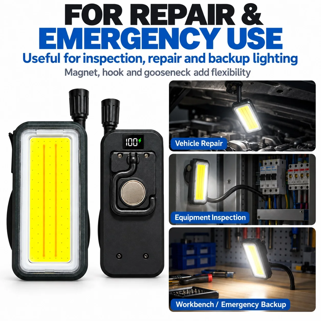 Auto Repair Work Light, Magnetic Inspection Light, Cob Strong Light Lamp, USB Rechargeable Maintenance Lighting Lamp, Bendable Gooseneck Lamp Head, Digital Power Display, 6 Modes, Red Light Warning, Car Repair Light, Workshop Work Light, Emergency Camping Light, New Magnetic Work Light, Auto Repair Inspection Light, Cob Strong Light USB Rechargeable Bendable Gooseneck Lamp Head with Digital Power Display, 6 Lighting Modes, Warning Light for Car Repair