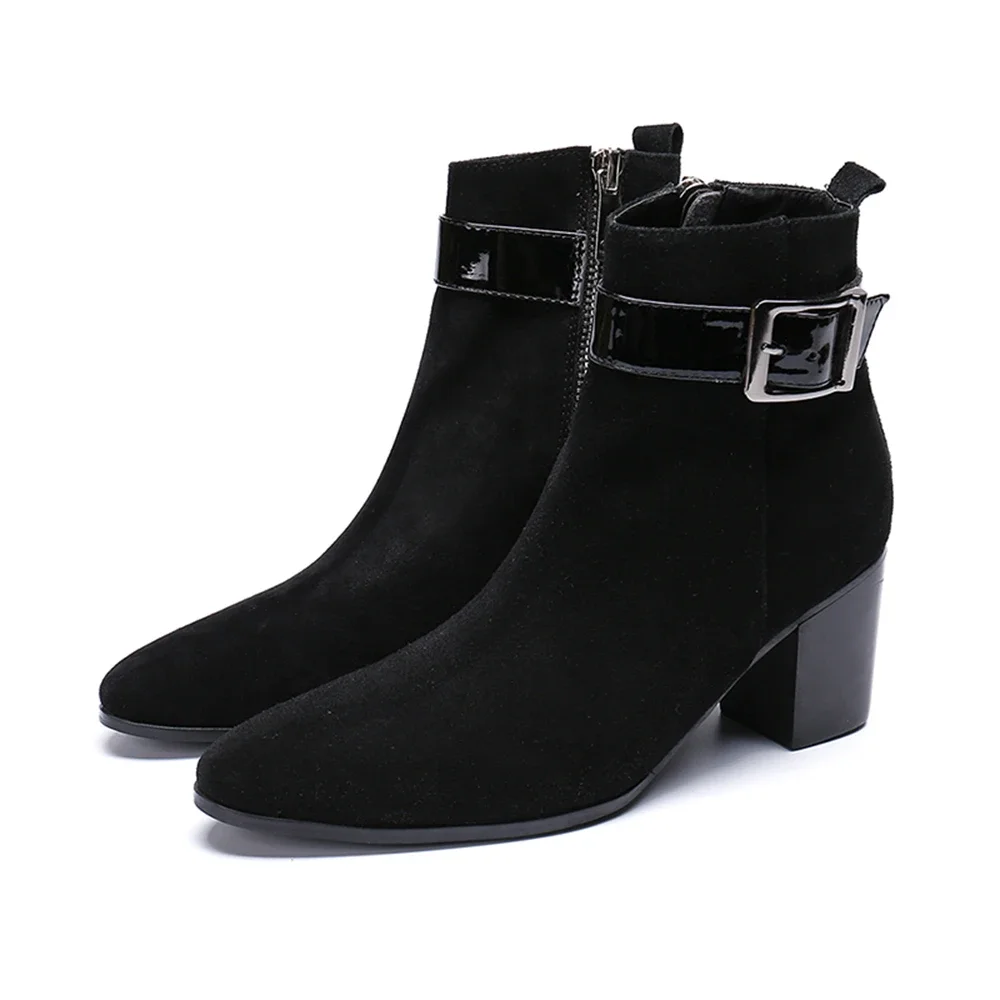 Black Nylon Thick High Heels Pointed Toe Zipper Buckle Boots Male Plus Size British Style Wedding Party Men Dress Shoes