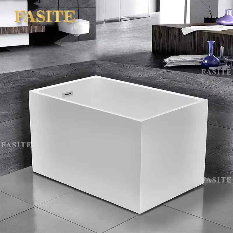 Modern White Acrylic Freestanding Bathtub Square Solid Surface Soaking Tub Portable Deep Bath for Small Bathroom Easy Clean