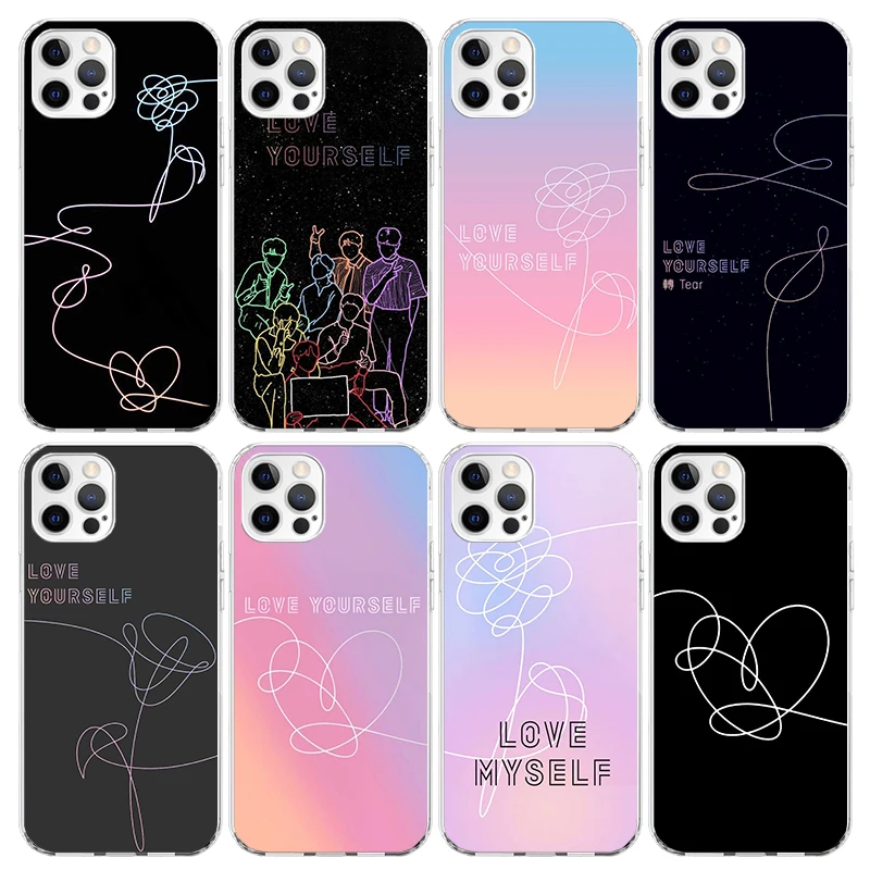 Love Yourself Flower Heart Line Kpop Чехол для телефона для iPhone 16 15 14 13 12 Mini 11 Pro Max Cover 7 Plus X XS XR 8 + SE Силиконовый S
