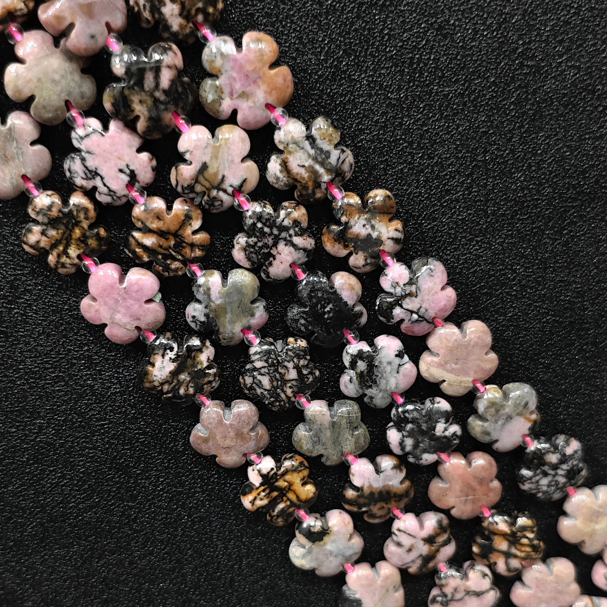 Rhodonite Flower Beads Wholesale, 15mm Pink Gemstone Blossom Loose Strand Approx. 22 Beads for DIY Jewelry Accessories
