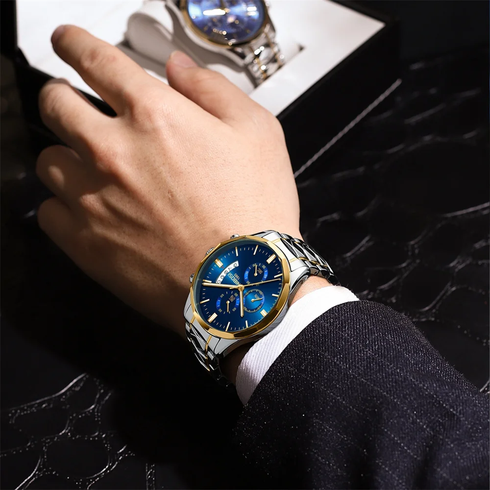 NIBOSI العلامة التجارية موضة ساعة كوارتز رجالية الفولاذ المقاوم للصدأ مقاوم للماء مضيئة التقويم الفاخرة ساعات كرونوغراف رجالي Reloj Hombre