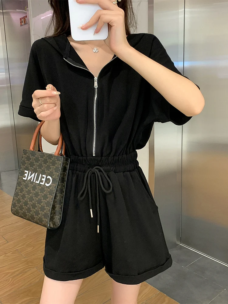 จั๊มสูทมีฮู้ดลำลองสำหรับผู้หญิง กางเกงเอวสูงทรงสลิมสำหรับฤดูร้อน สไตล์เกาหลี แฟชั่นลำลอง ชุดจั๊มสูทแบบชิ้นเดียว