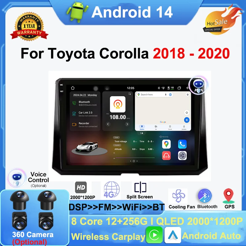 Android 14 Carplay Auto DSP for Toyota Corolla 2018 2019 2020 Car Radio Navigation GPS Multimedia Video Player No 2 DIN 4G WIFI