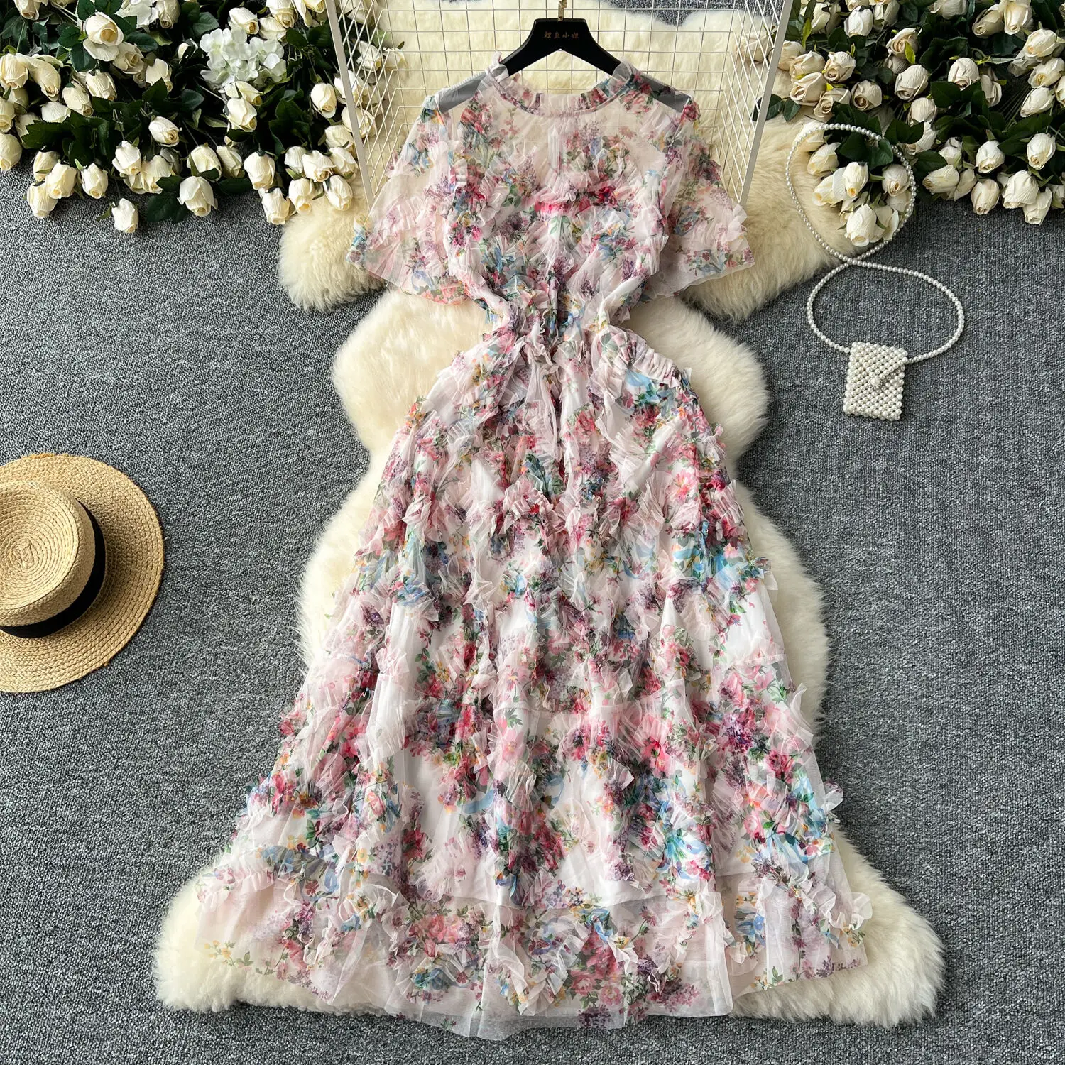 Runway Summer Autumn Holiday Floral Midi Tulle Prom Dress Women Layers Ruffles Cake Dresses Long Party Vestidos Quality