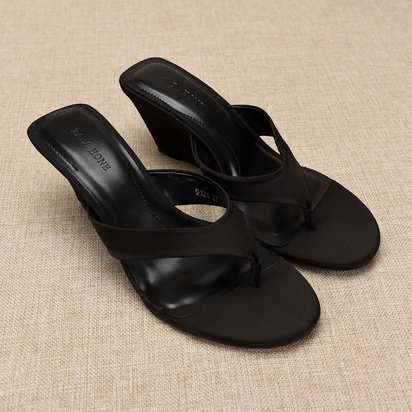 Elegant Black Satin round Toe Sandals Women's Thick Heel Buckle Toe Postmodern High Heel Slope Follow Wear Resistant Shoes
