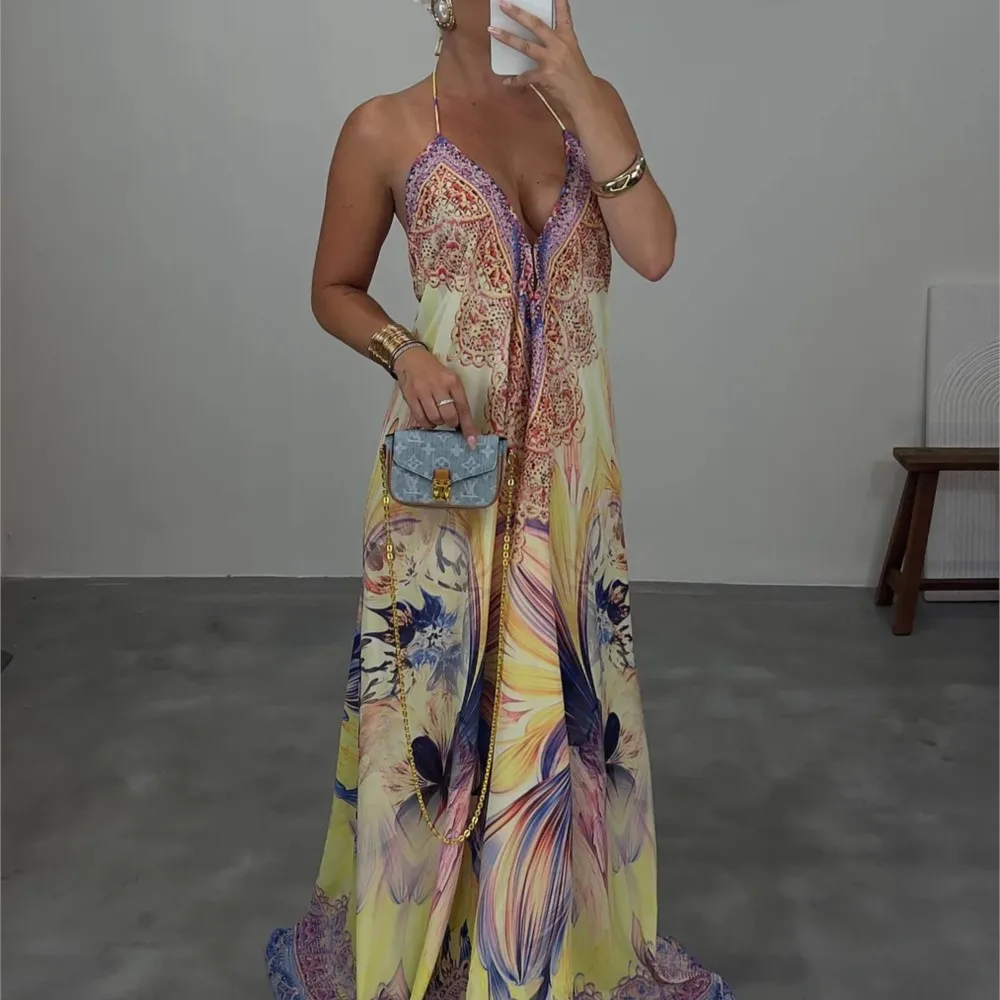

Casual Fashionable Long Dress Loose Elegant Bohemian Print Halter Neck Strappy Backless V-neck Sleeveless Mid-waist Dresses