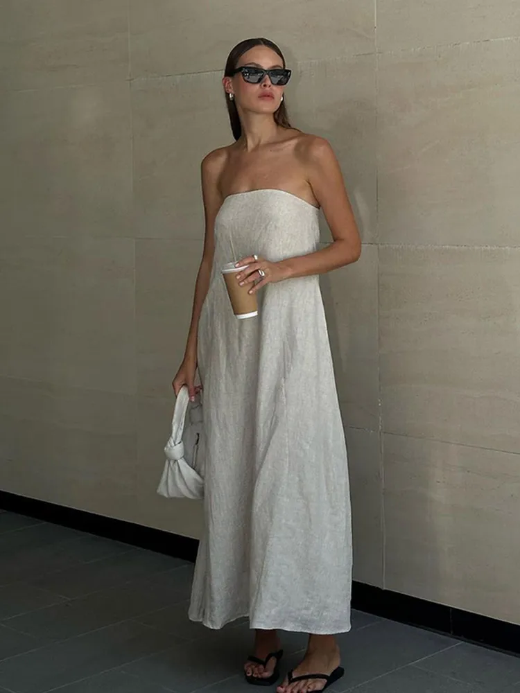 Elegant Linen Strapless Sleevesless A Line Long Dress Women Solid Off Shpilder High Waist Robe Loose Fashion Party Streetwear