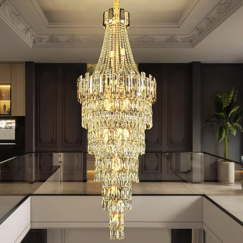 for Modern Villa Duplex Revolving Staircase Hollow Crystal Chandelier Luxury Super Long Spiral Stair Hanging Light Fixture