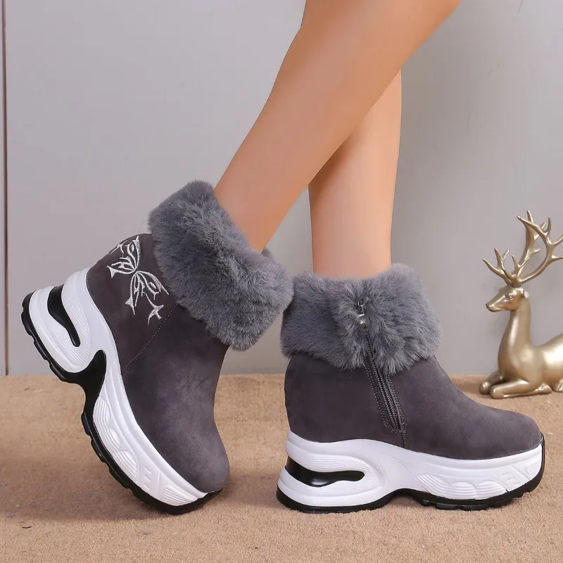 Women's Cotton Boots Winter New Thick Soles with Fleece Inner Elevating Zipper Snow Boots Comfortable Wear-resistant Short Boots