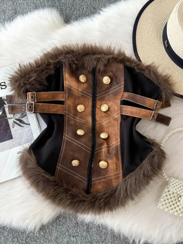 

Женский пушистый укороченный бюстье для пикантных девушек, модный кожаный лоскутный жилет с золотыми пуговицами, регулируемые ремни, универсальная верхняя одежда, внутренняя одежда