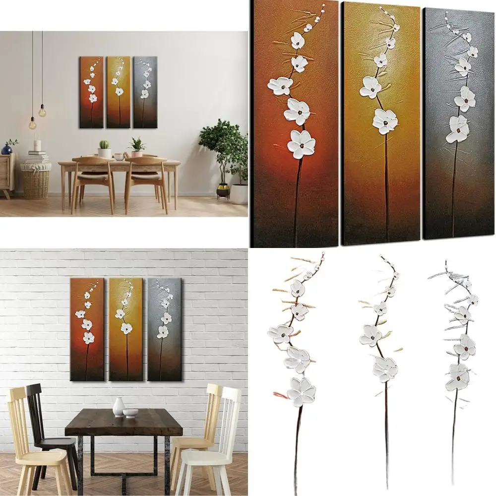 

Modern Hand-Painted White Floral Oil Paintings Set, 3-Piece Canvas Art for Home Decor, Abstract Graceful Wall Artwork