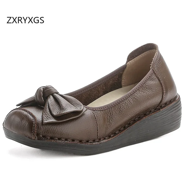 ZXRYXGS 2024 Autumn Top Cowhide Soft Sole Flat Wedges Shoes Women Fashion Casual Shoes Exquisite Sweet Bow Real Leather Shoes