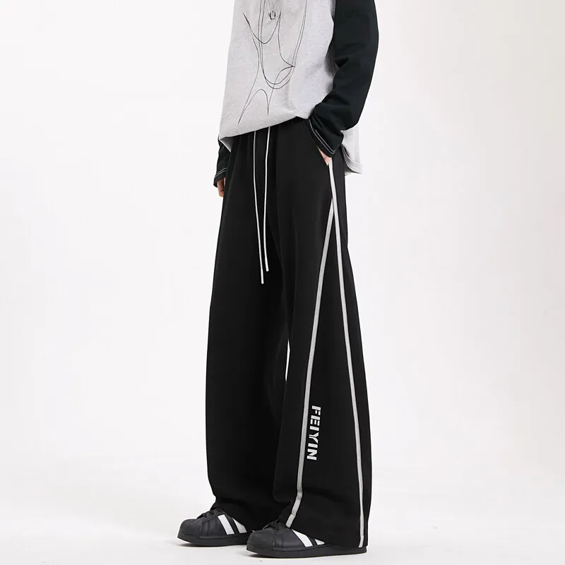 

Мужские весенние новые свободные широкие брюки в полоску в американском стиле High Street, спортивные спортивные штаны прямого кроя