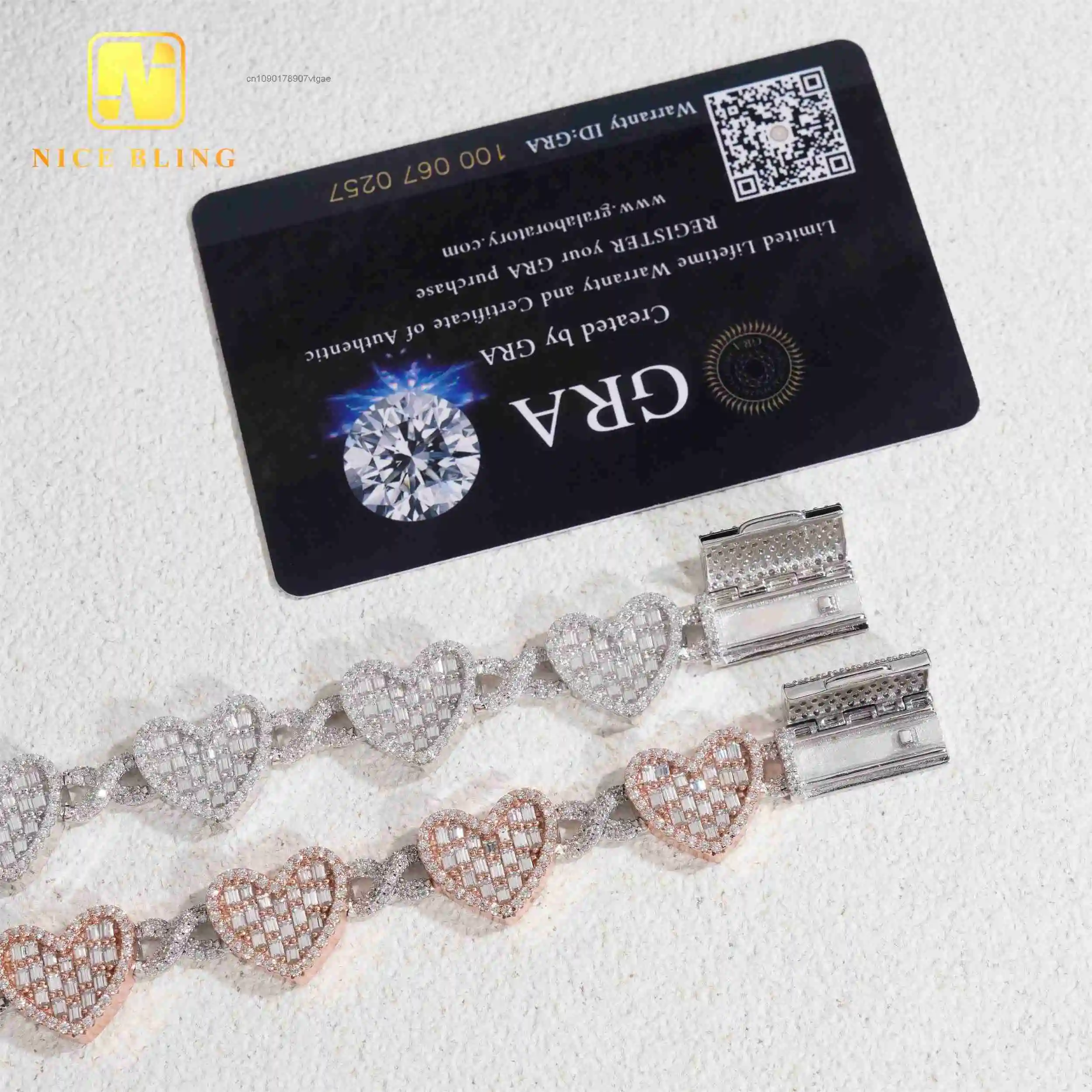 Tone Two Baguette Moissanite Diamond Cuban Link Chain Bracelet 14mm Heart Shape Design Iced Out Hip Hop Silver Cuban Bracelet.