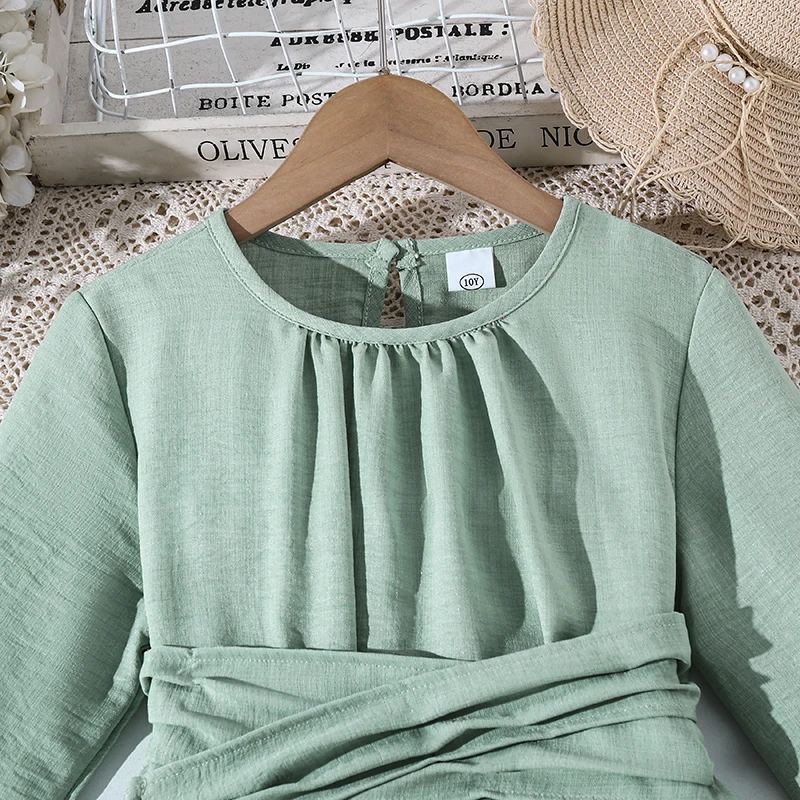 Frühlingskleid für Teenager-Mädchen, strukturiertes Midikleid, Schlüssellochverschluss hinten, elastische Taille, ausgestellter Saum, lange Ärmel, lässiges, einfarbiges Kinderkleid – Detail 7