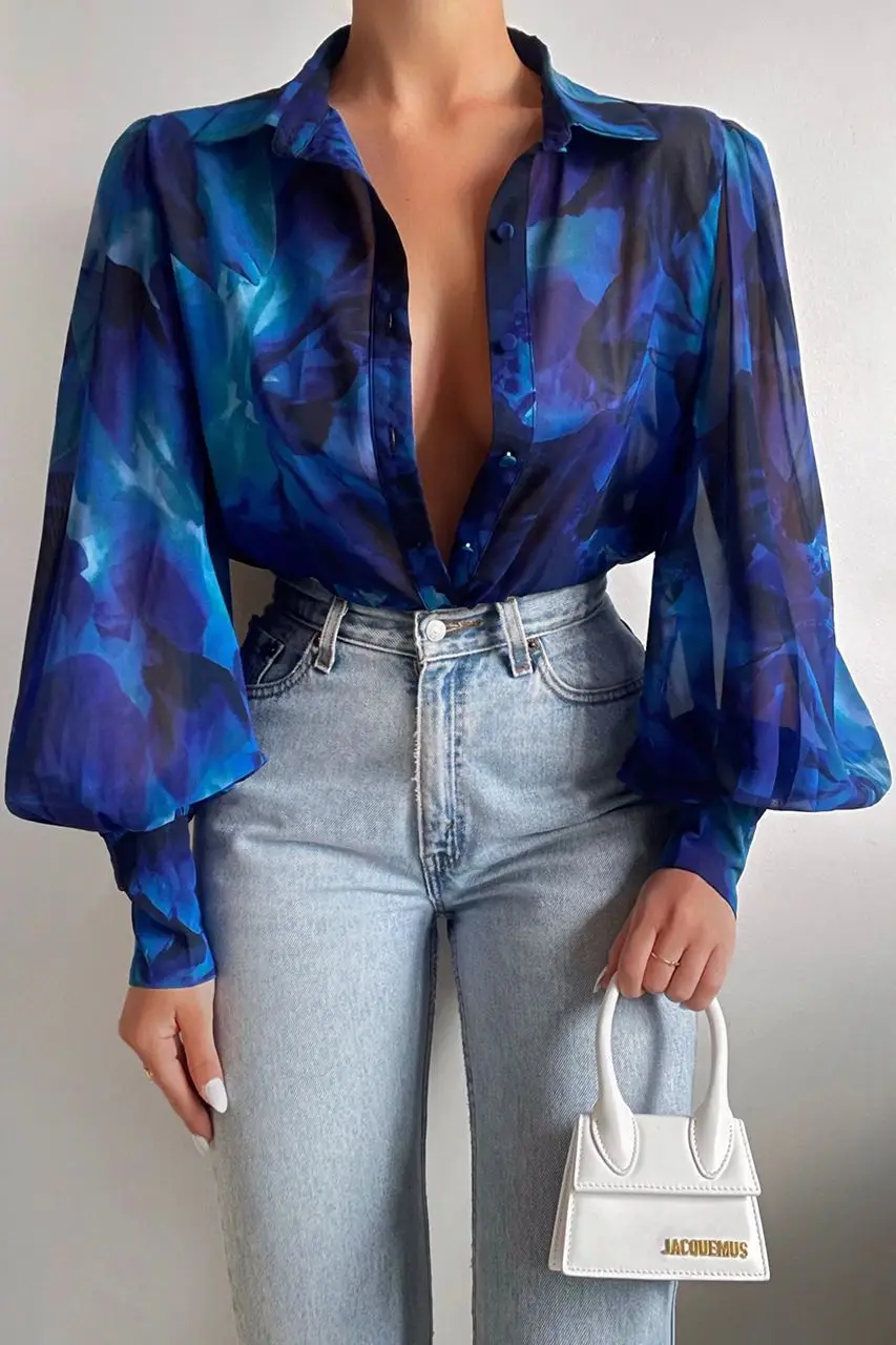 Vintage Floral Print Blouse Women Turn-down Collar Lantern Sleeve Shirt Elegant Boho Beach Streetwear Summer Outfits Female Tops