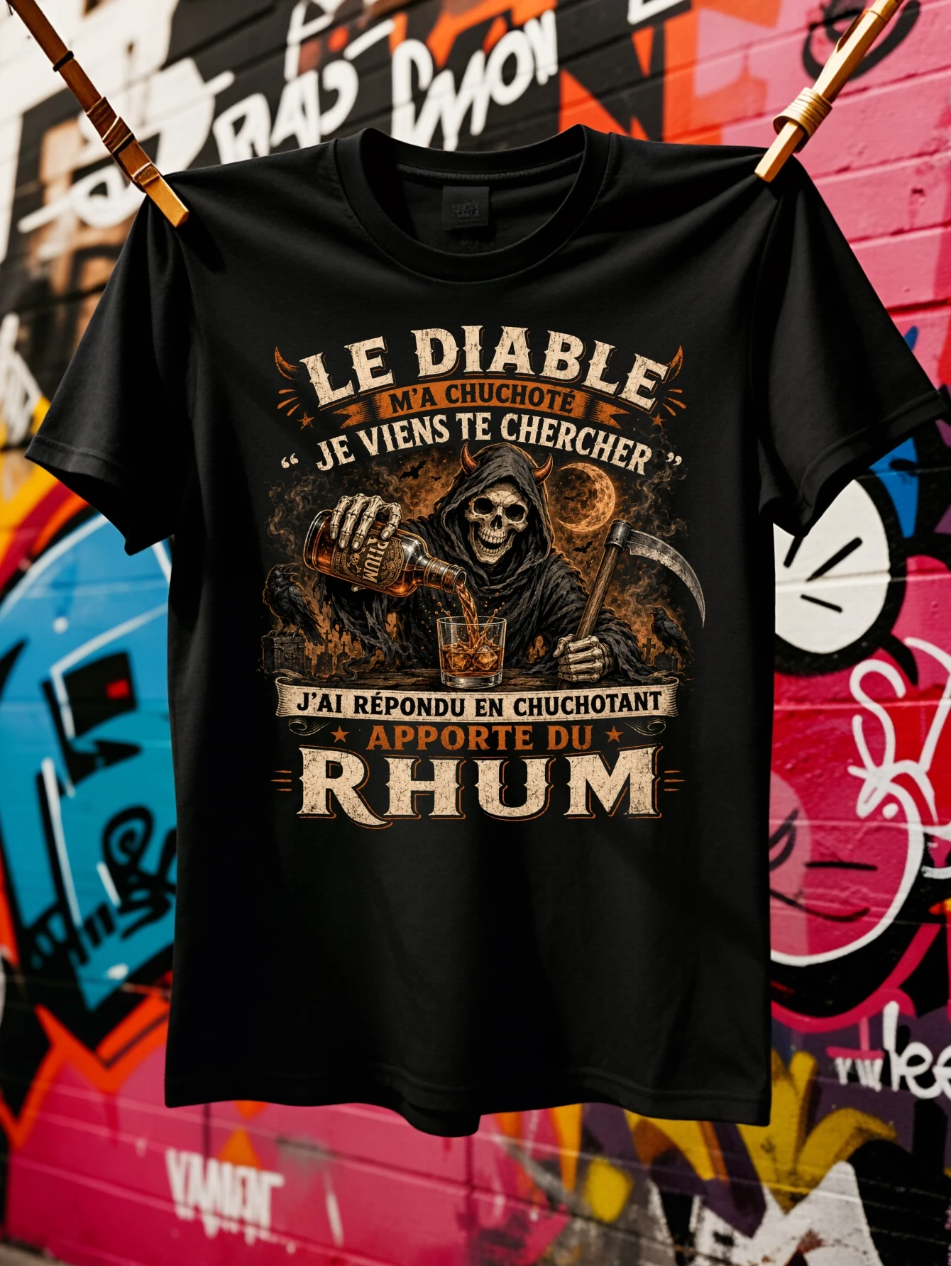 Men's T-shirt French The Devil Whispers Bring Rum T-Shirt Grim Reaper Rum Bottle and Dark Vintage Gothic Illustration