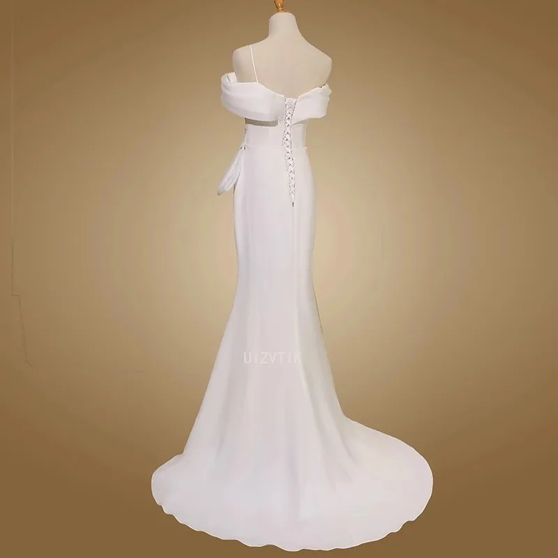 맞춤형 이브닝 드레스 화이트 저지 오프 숄더 바닥 길이 레이스 업 인어 플러스 사이즈 플리츠 여성 파티 공식 가운