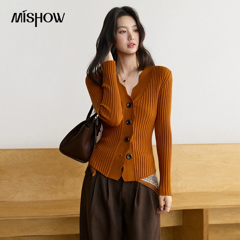 MISHOW Ribbed Knit Cardigan for Women Wavy Trim V Neck Long Sleeve Layering Sweater 2026 New Commuter Winter Clothes MXF490Z1048