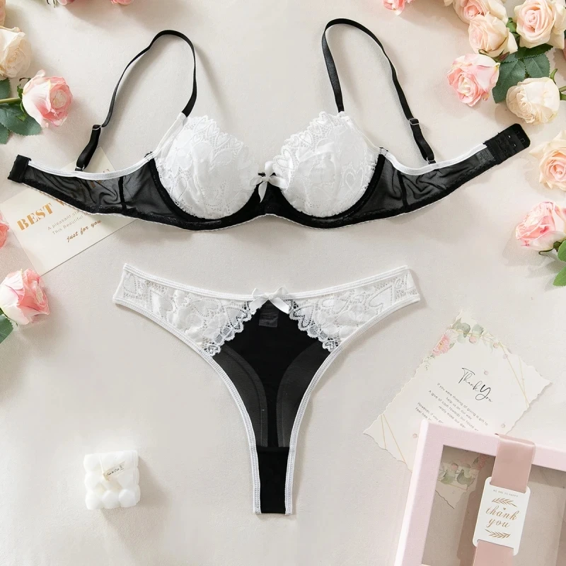 Bikini Lace Mesh Patchwork Bra Underwear Three-Piece Set with Neck Ring