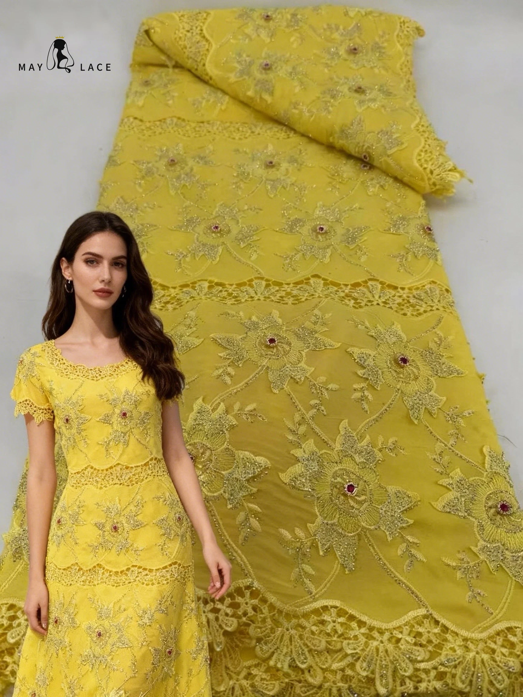 

3D Big Stones Guipure Lace Heavy Stone Embroidered 2026 Water Soluble Cord Fabric African Cupion Cloth Dubai Wedding Dress Women