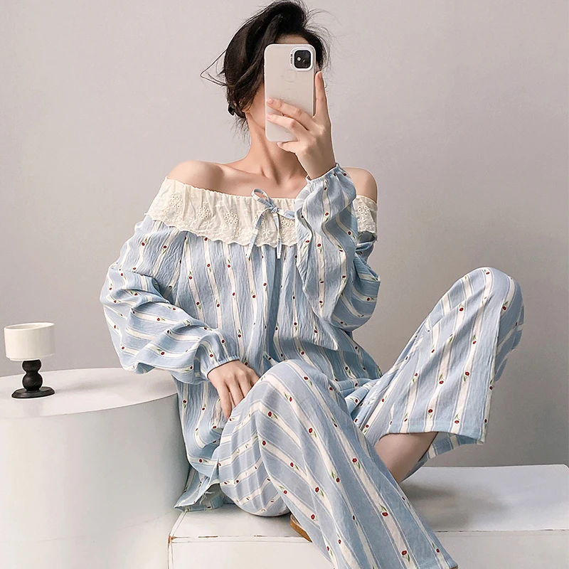

Korean Sweet Princess Style Long Sleeve Pajamas Set Lace Trim Sleepwear Women's Spring Autumn New Cloud Cotton Home Clothes Set