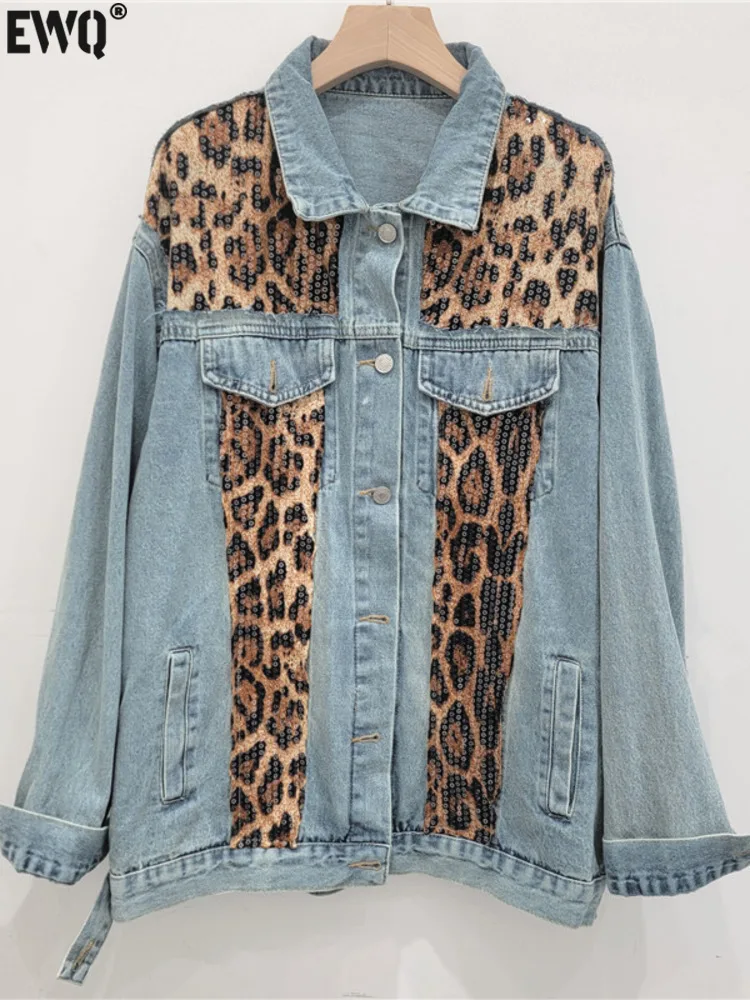 

[EWQ] High Street Tide Leopard Print Sequined Spliced Denim Jacket Casual Loose Women Jeans Coat 2024 Autumn New Fashion 16O1605