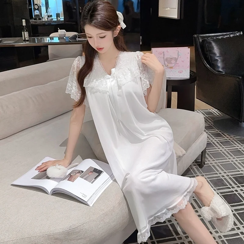 2026 Summer Short Sleeve Cotton Sexy Lace V-neck Lingerie Nightgowns for Women Cute Sleepwear Night Dress Nightdress Home Nighty 4