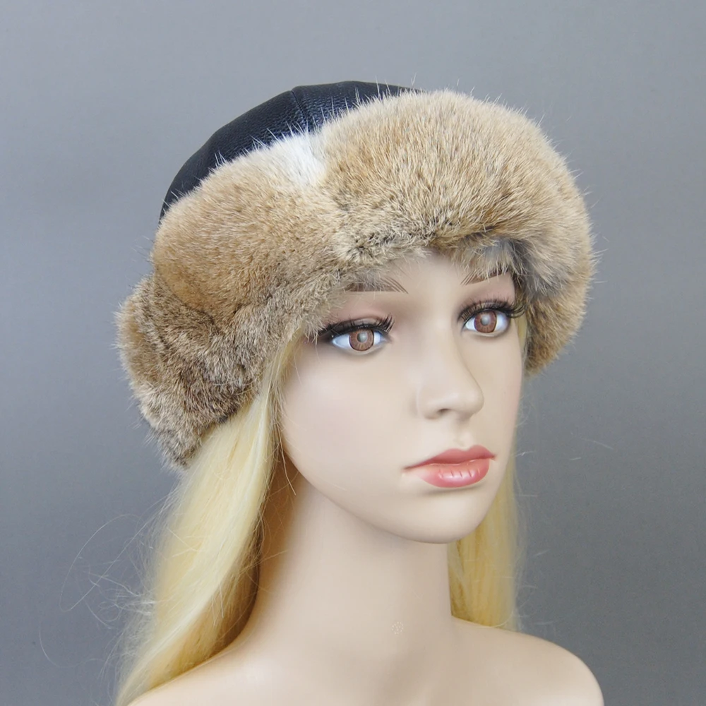 New Arrival Women's 100% Natural Rabbit Fur Bomber Hats Winter Russian Women Warm Real Sheepskin Leather Hat Male Real Fur Caps